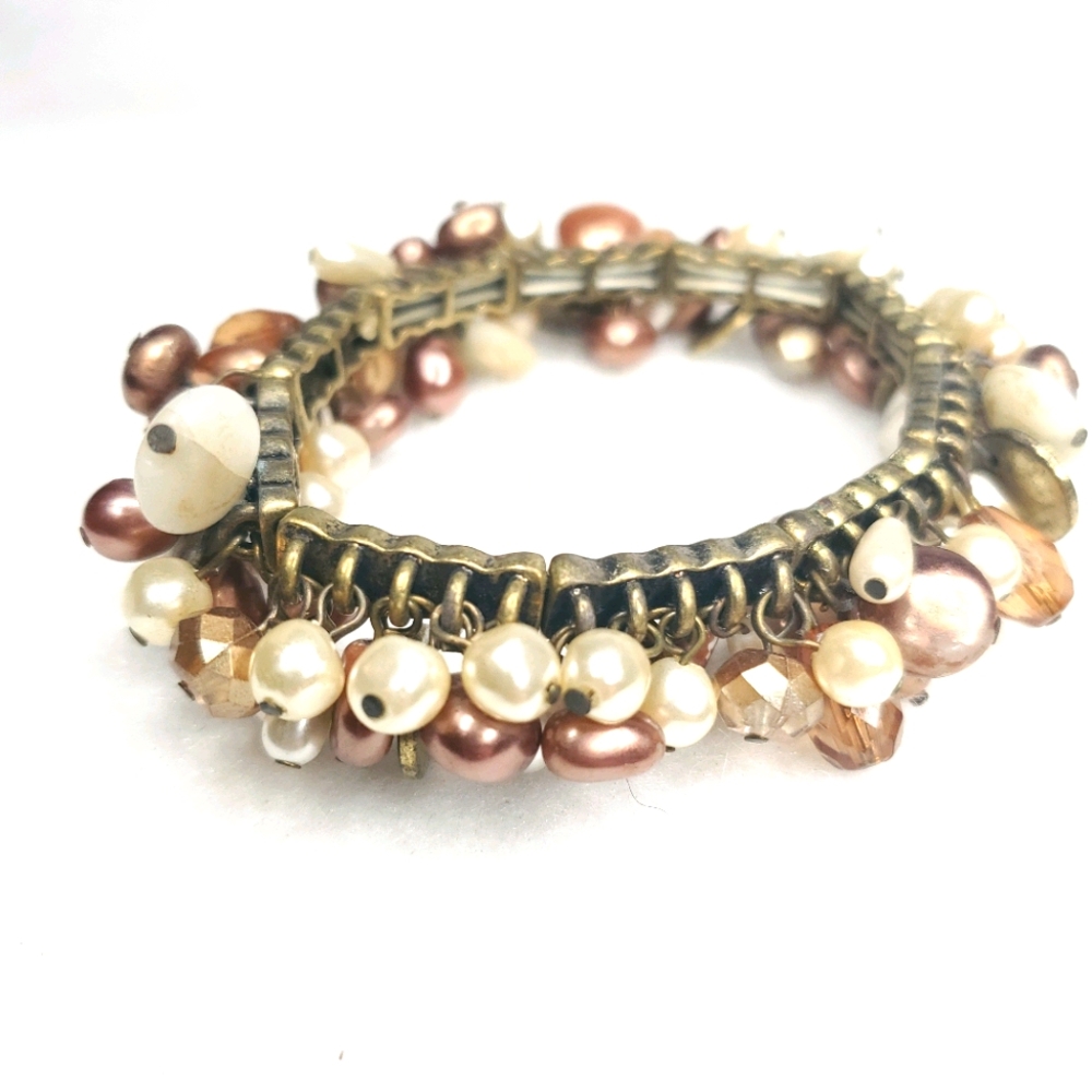Tan and Ivory Brushed Gold Stretch Bracelet